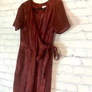 Xhiliration burgundy and navy short sleeve wrap tie pants